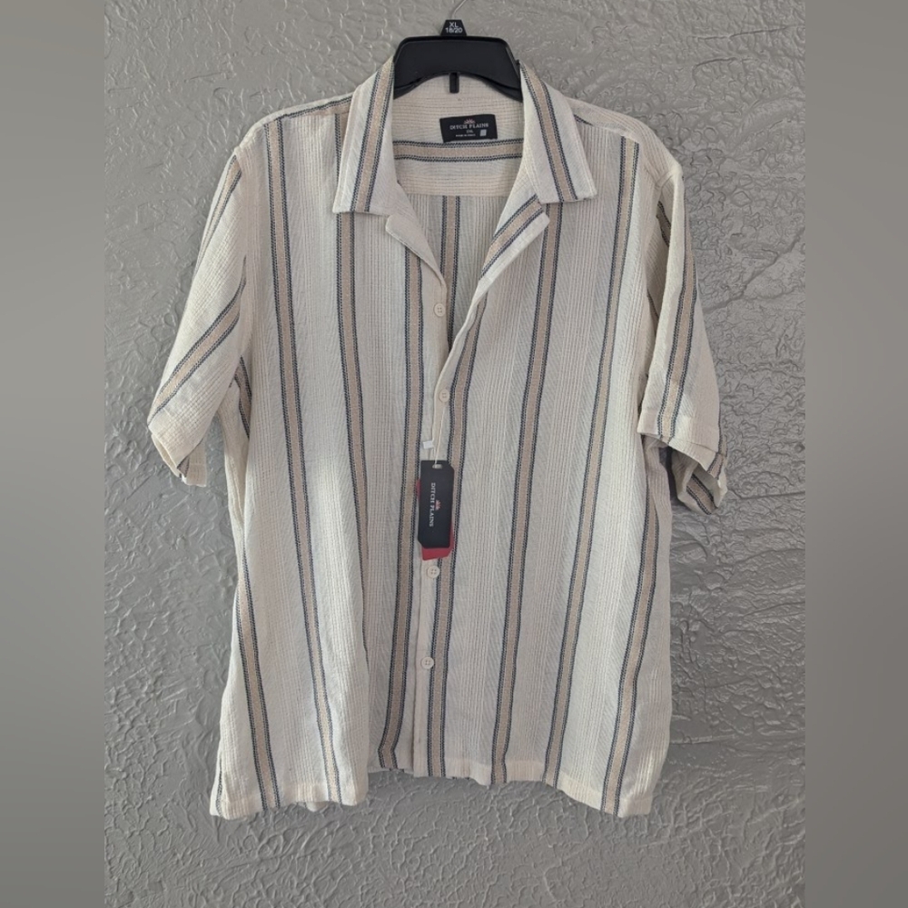 Stafford Men’s Short Sleeve Button-Down Shirt - Cream with Navy & Beige Stripes